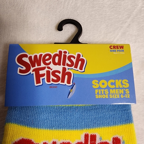 Swedish Fish Socks One Pair Crew Fits Women's Size 7.5 - 13 Red Yellow Blue NEW - Picture 3 of 6